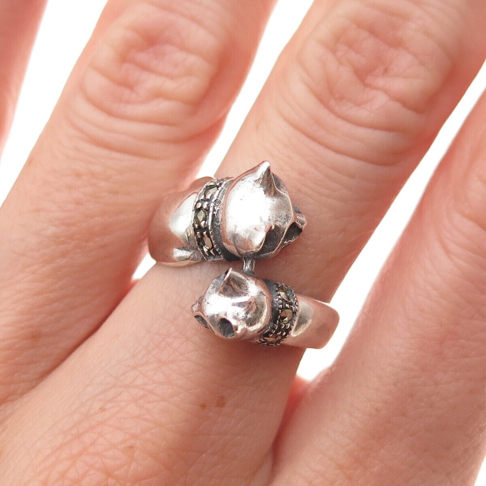 925 Sterling Silver Vintage Real Marcasite Cat Oxidized Bypass Ring Size 7